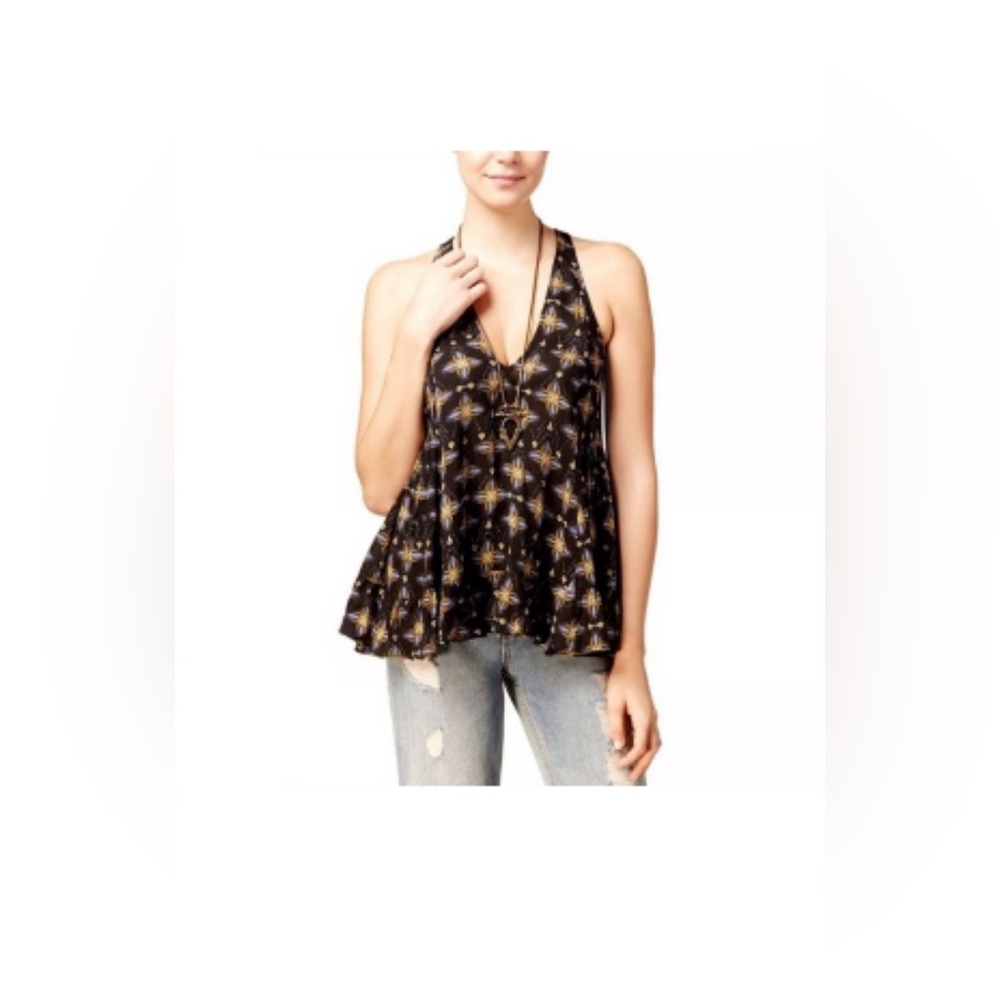 NWOT Intimately FREE PEOPLE Black Boho Printed V Neck racerback tunic top XS/TP